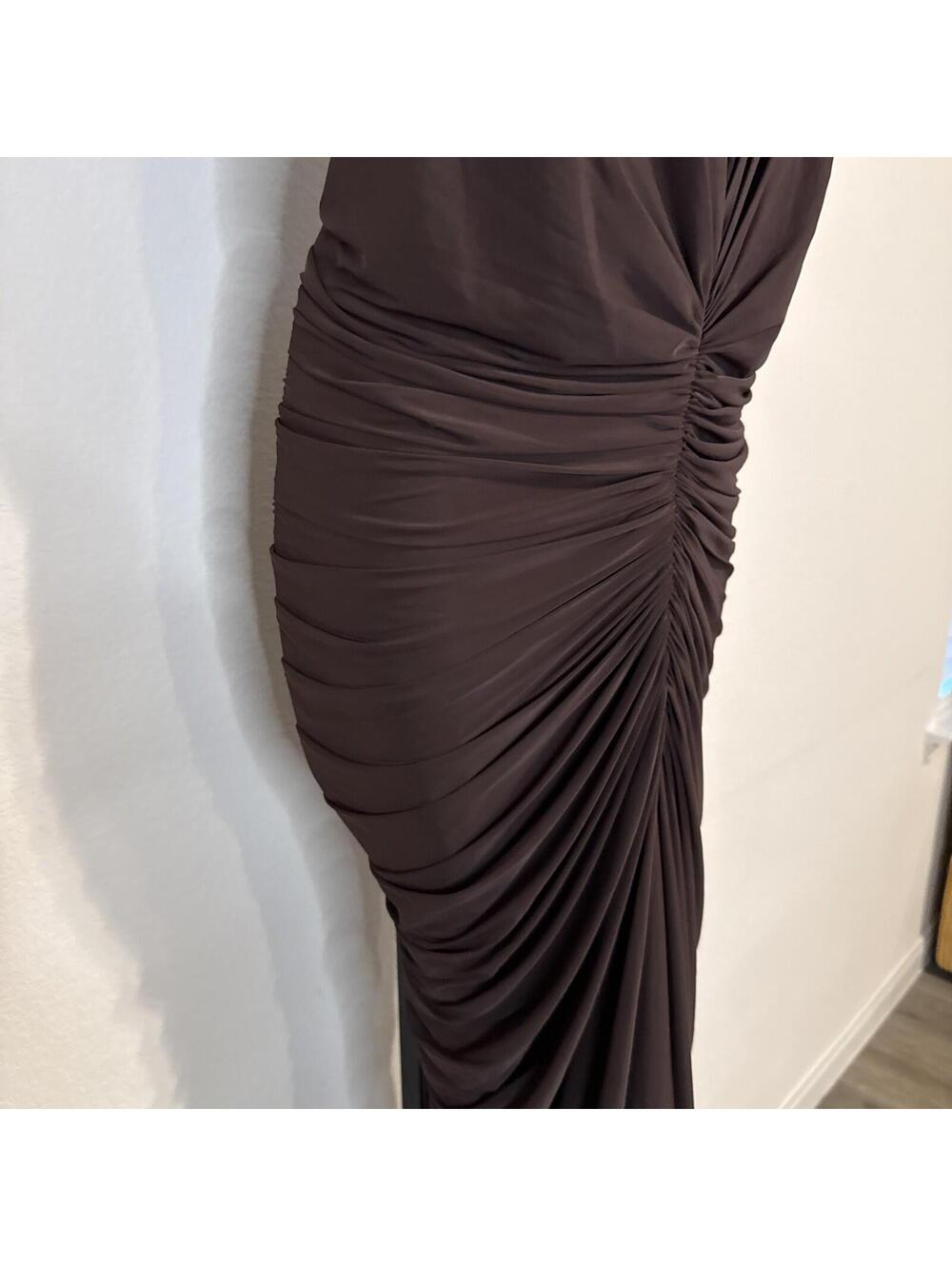 Ronny Kobo Anya Spaghetti Strap Brown Ruched Maxi Cocktail Dress - XL - Picture 5 of 12